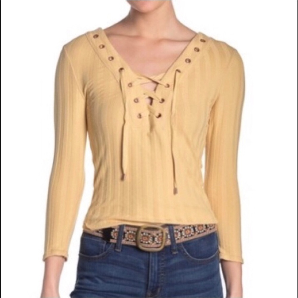 FREE PEOPLE Boho 70s Western Ice Cold Ribbed Lace Up Top Size S - Picture 4 of 9